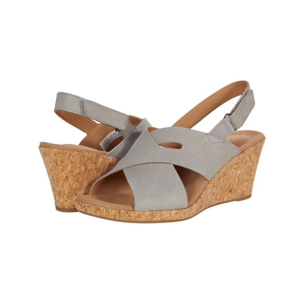 NWT ROCKPORT Womens Gray Briah Slot Sling Wedge Leather Slingback Sandal 8.5 M